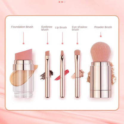 Transform Your Makeup Routine with the 5 in 1 Portable Retractable Makeup Brush Set - Perfect for Flawless Foundation, Eyebrows, Lips, Eyeshadow, and Powder!
